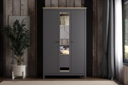 Шкаф с зеркалом IKEA Сага, 3 двери, 132х64х215 см, Серый/ясень