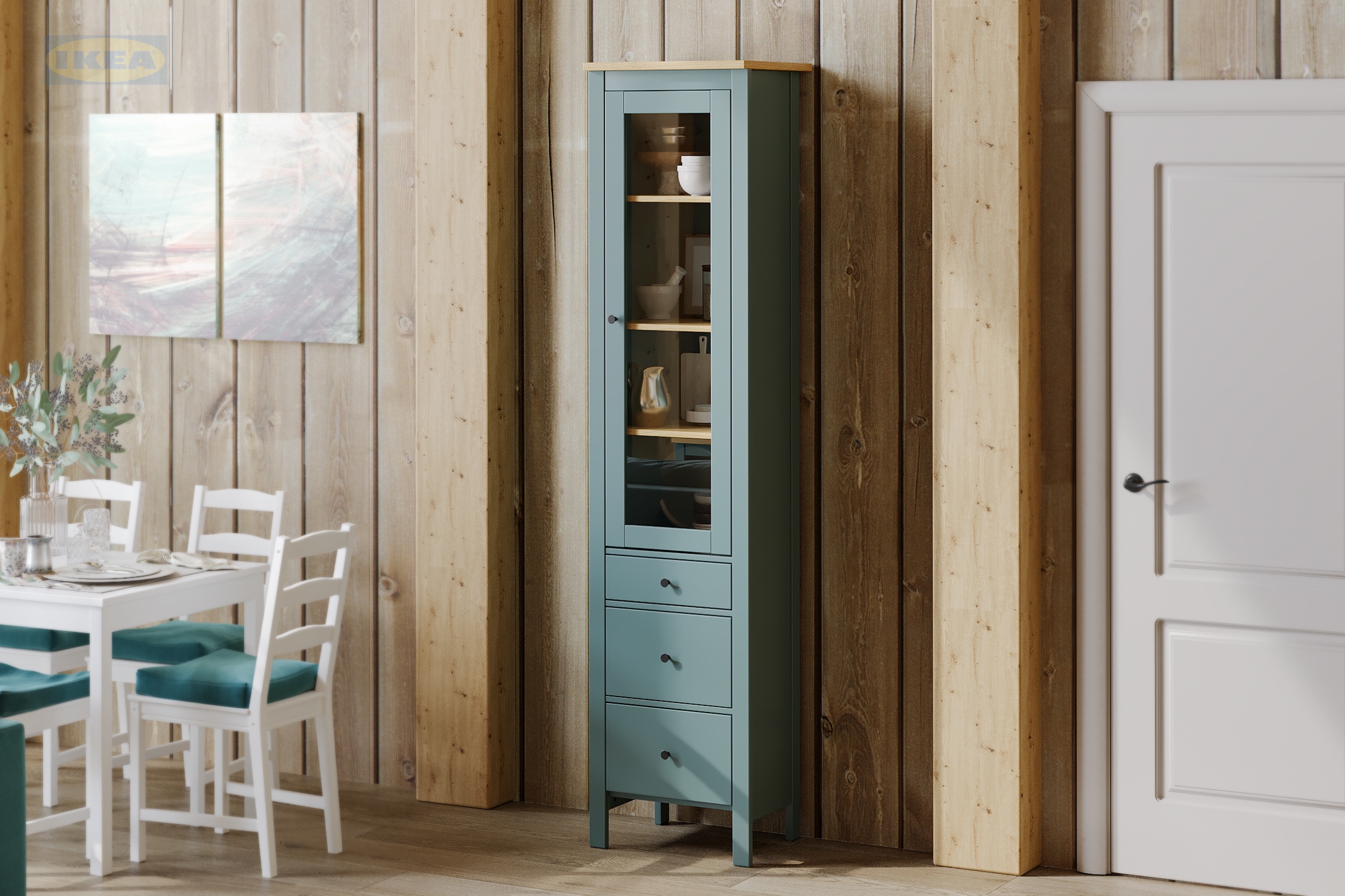 Шкаф с витриной IKEA 50х41х215 см, Бирюзовый-ясень-1