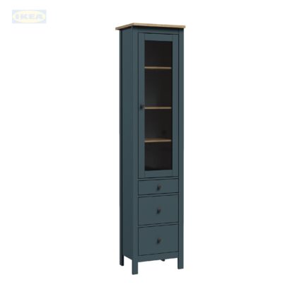 Шкаф с витриной IKEA Сага, 50х41х215 см, Бирюзовый/ясень