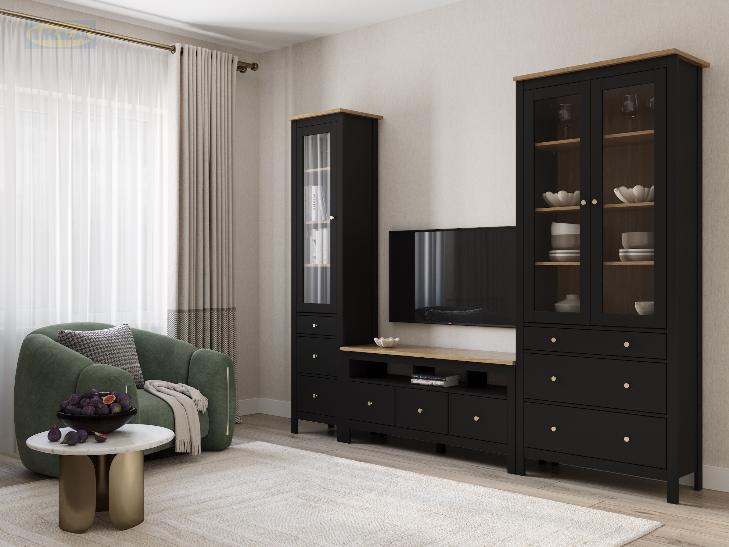 Шкаф с витриной IKEA 50х41х215 см, Черный-ясень-2
