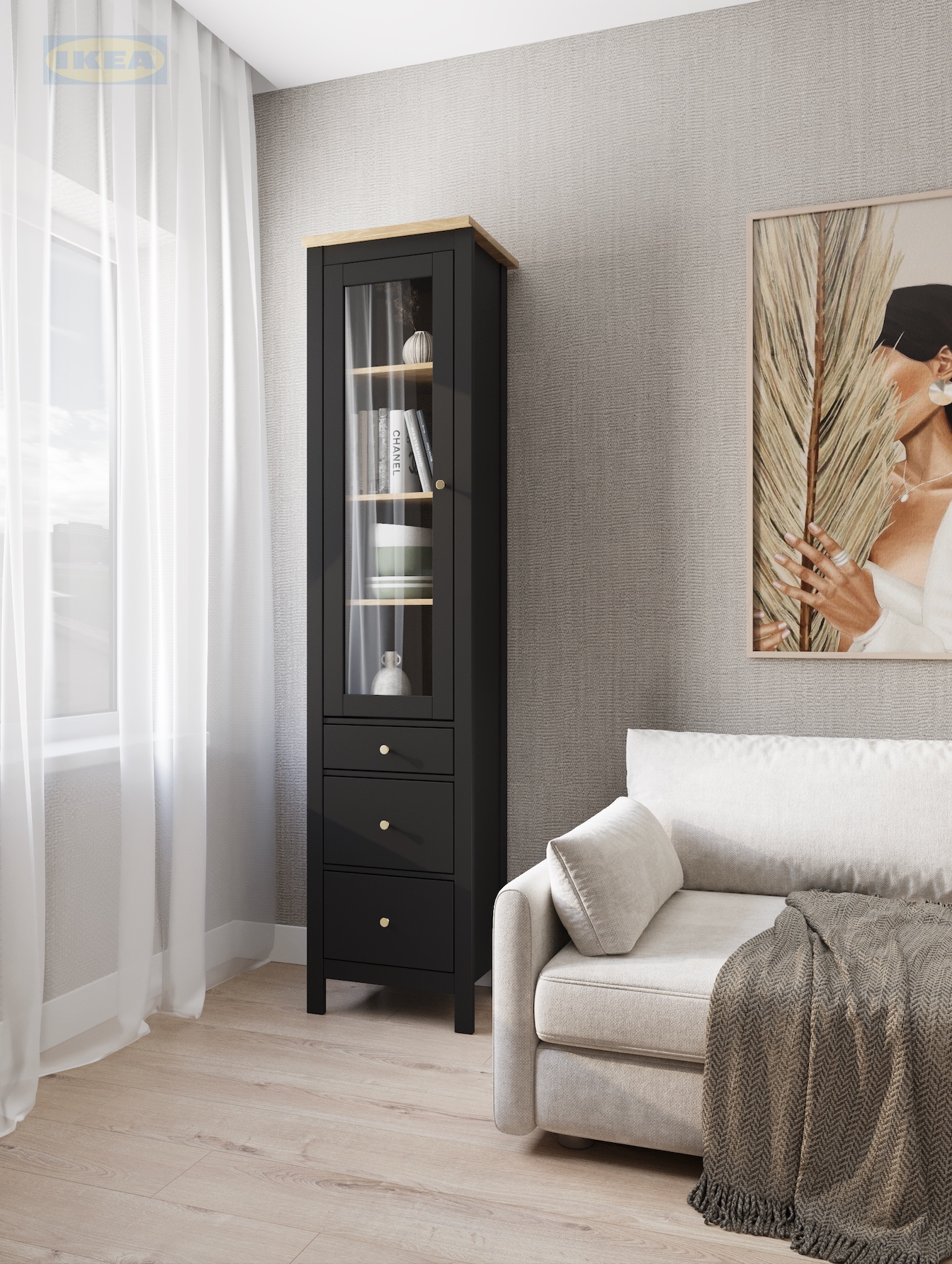 Шкаф с витриной IKEA 50х41х215 см, Черный-ясень-3