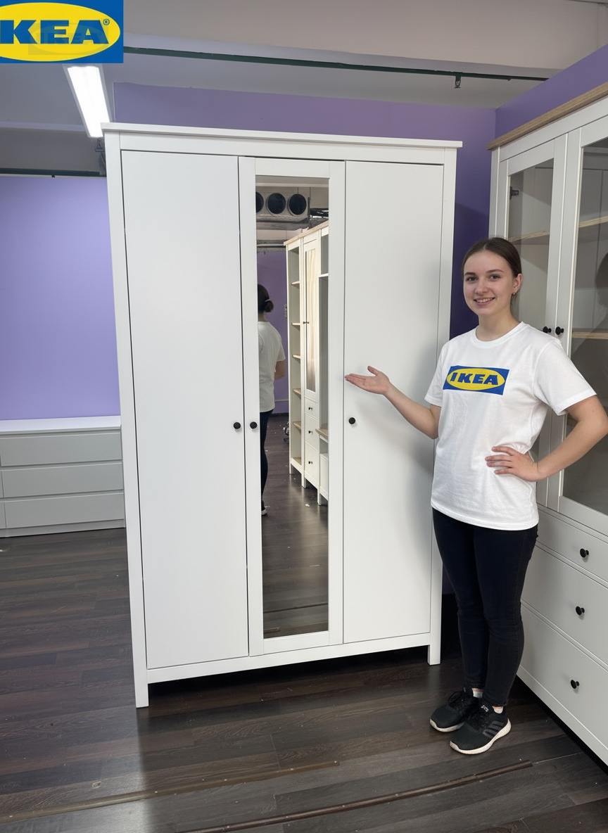 Шкаф с зеркалом IKEA Белый-05 Шкаф с зеркалом IKEA Сага, 3 двери, 132х64х215 см, Белый