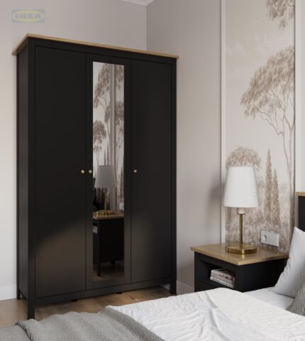 Шкаф с зеркалом IKEA Сага, 3 двери, 132х64х215 см, Черный/ясень